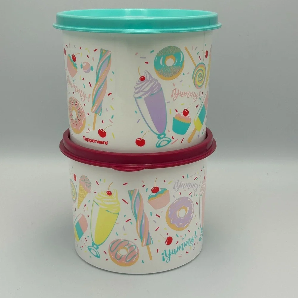 Tupperware Sweet Treats 2 Piece Set Stacking Lids Canisters Ice Cream Candy Teal